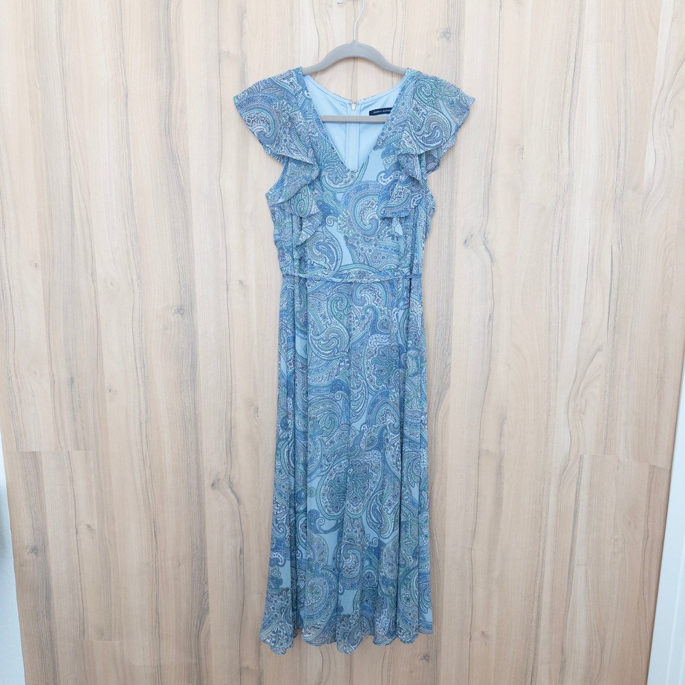 Tommy Hilfiger Ruffle Maxi Dress 10 Blue Paisley Chiffon Boho Coastal Preppy‎